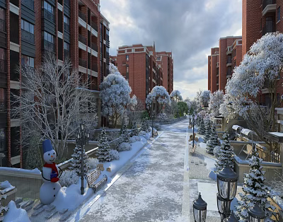 Winter Scenery with Snow Covered Path Red Brick Buildings Trees Lamp Posts and Snowman 3d model