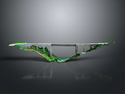 Modern Bridge Structure With Green Vegetation Covered Piers And Water Reflection Design 3d model
