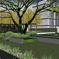 Residential Landscape Design With Green Lawn Flowering Trees And White Garden Furniture