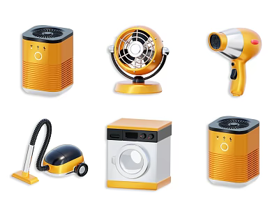 Modern Household Appliances Set With Heater Fan Hairdryer Vacuum And Washer 3d model