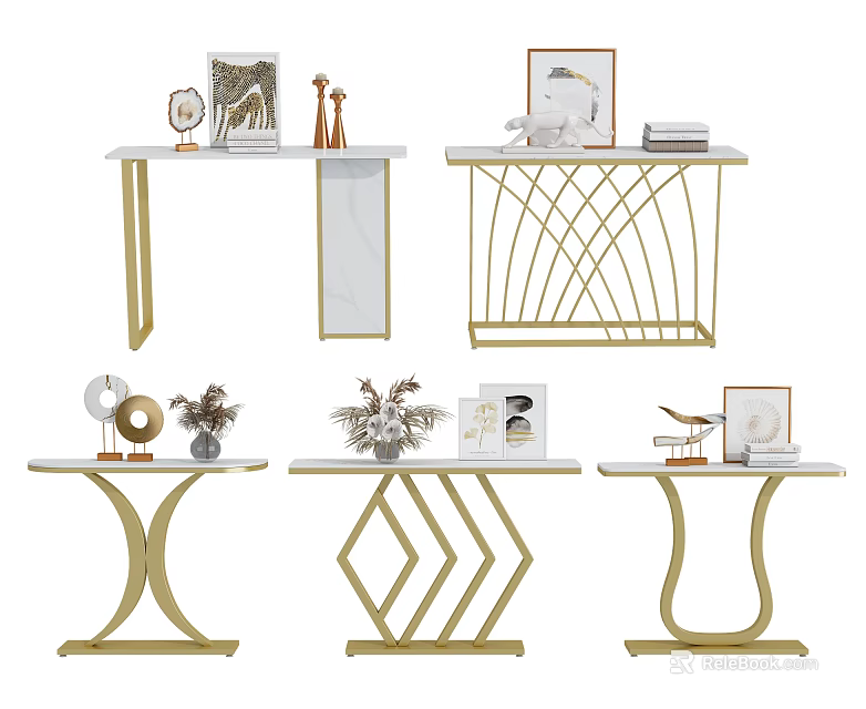 Modern Console Table Designs With Gold Metal Frames And Decorative Ornaments 3d model