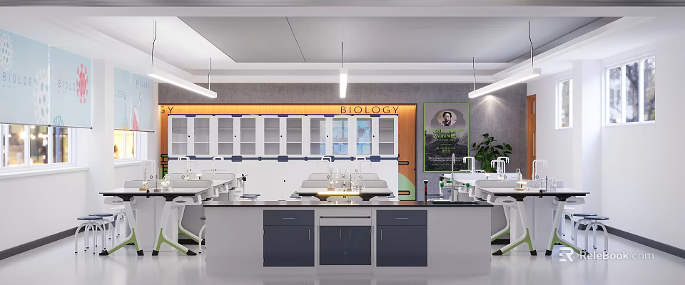 Well Equipped Biology Laboratory Interior With Lab Benches Cabinets And Scientific Tools 3d model 