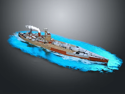 Vintage Battleship Sailing on Blue Water with Smoke from Chimney and Turrets 3d model