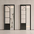 Black Frame Glass Doors With Geometric Patterns Open Middle Revealing Plant And Light Source 3d model