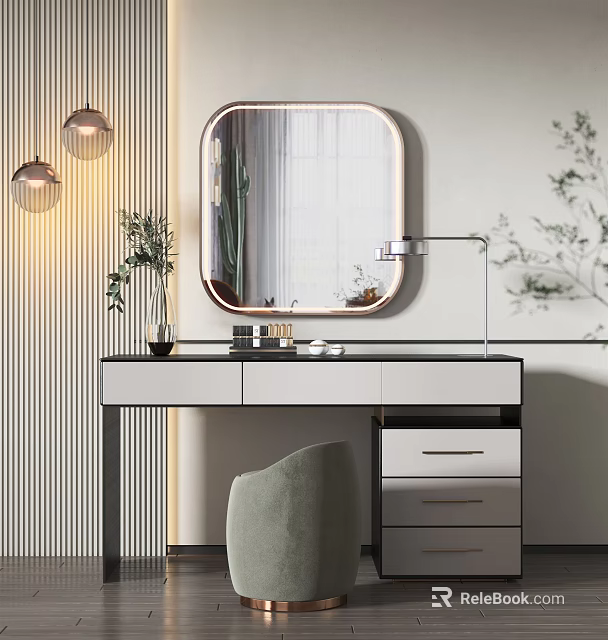 Modern Dressing Table With Round Mirror Table Lamp Green Plant And Chair 3d model 