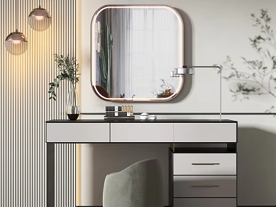 Modern Dressing Table With Round Mirror Table Lamp Green Plant And Chair 3d model
