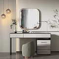 Modern Dressing Table With Round Mirror Table Lamp Green Plant And Chair