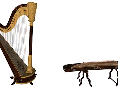 Traditional Musical Instruments Harp and Guzheng with Elegant Craft Design 3d model