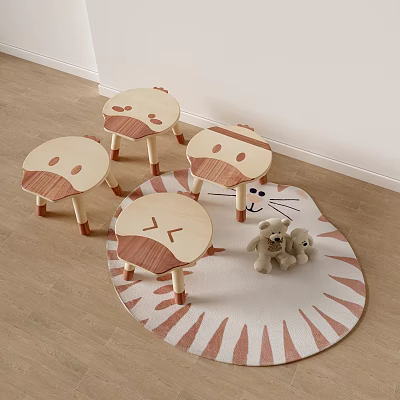 Cute Animal Face Wooden Stools In Kids Room With Tiger Print Rug And Teddy Bears 3d model