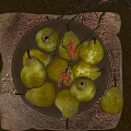 Ceramic Bowl Filled With Fresh Pears And Red Flowers On Woven Mat