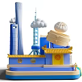 Shanghai Themed 3D Model Featuring Traditional Modern Architecture Yellow Roof Steamer Bun And Clouds