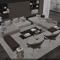 Modern Living Room Sofa and Coffee Table Set with Light Fabric Pillows Black Glass Top and Accent Chairs