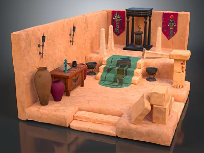 Cartoon Ancient Temple Interior Scene With Clay Walls Red Banners Green Carpet And Stone Altar 3d model