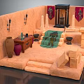 Cartoon Ancient Temple Interior Scene With Clay Walls Red Banners Green Carpet And Stone Altar