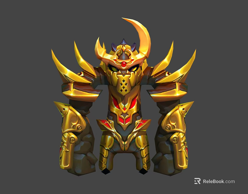 Horned Mythical Warrior Creature In Golden Armor With Red Accents And Intricate Details 3d model 