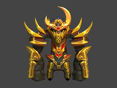 Horned Mythical Warrior Creature In Golden Armor With Red Accents And Intricate Details 3d model