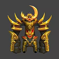 Horned Mythical Warrior Creature In Golden Armor With Red Accents And Intricate Details