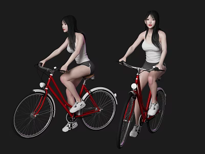Two Women Riding Red Bicycles Wearing White Tank Tops Gray Shorts And White Sneakers 3d model