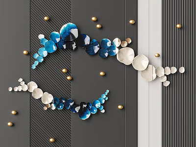Elegant Wall Decor With Blue And White Decorative Pieces And Golden Dots On Striped Gray White Wall 3d model