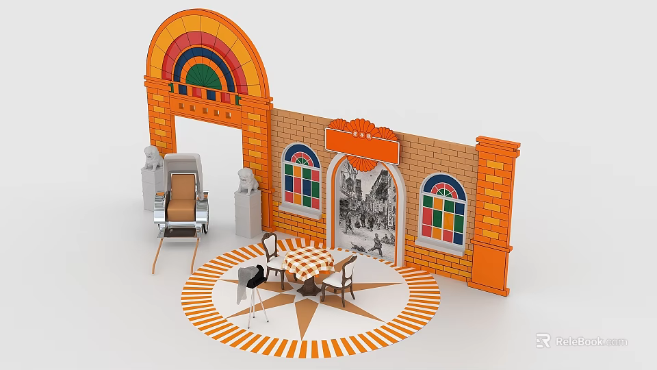 Decorative Scene With Orange Brick Wall Rainbow Arch Stained Glass Windows Table Chairs And Mural 3d model 