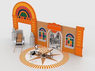 Decorative Scene With Orange Brick Wall Rainbow Arch Stained Glass Windows Table Chairs And Mural 3d model