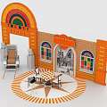 Decorative Scene With Orange Brick Wall Rainbow Arch Stained Glass Windows Table Chairs And Mural