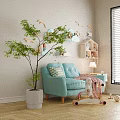 Cute Dolls On Cloud Shaped Shelves In Kids Room With Light Blue Sofa And Pink Blanket