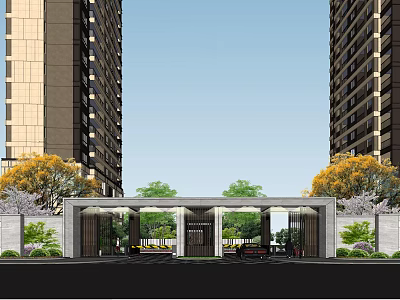 Modern Entrance Gate Between High Rise Buildings With Trees And Green Plants 3d model