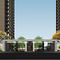 Modern Entrance Gate Between High Rise Buildings With Trees And Green Plants