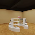 Spiral Shaped White Display Shelf for Toys with Multi Tiered Design in Wooden Floor Room