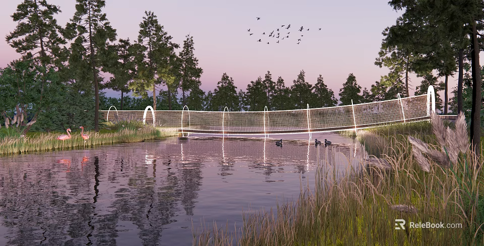 Scenic Bridge Over Calm Water With Tree Reflections And Flock Of Birds At Dusk 3d model 