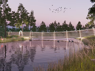 Scenic Bridge Over Calm Water With Tree Reflections And Flock Of Birds At Dusk 3d model