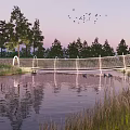Scenic Bridge Over Calm Water With Tree Reflections And Flock Of Birds At Dusk