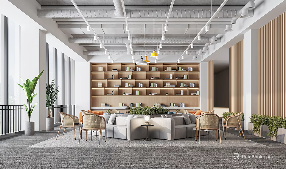 Cozy Casual Lounge Area With Wooden Bookshelves Gray Sofa Rattan Chairs And Green Plants 3d model 