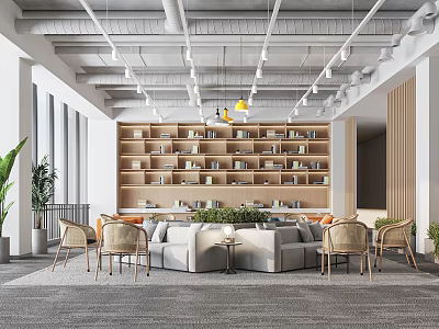 Cozy Casual Lounge Area With Wooden Bookshelves Gray Sofa Rattan Chairs And Green Plants 3d model