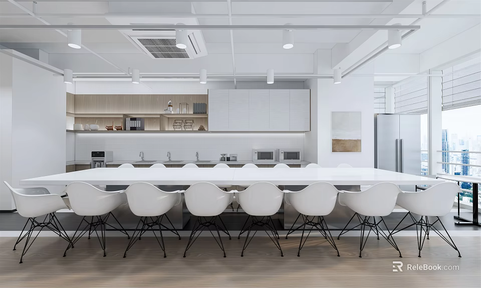 Modern Pantry Interior Design With Open Concept Long Table And White Chairs 3d model 