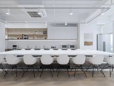 Modern Pantry Interior Design With Open Concept Long Table And White Chairs 3d model