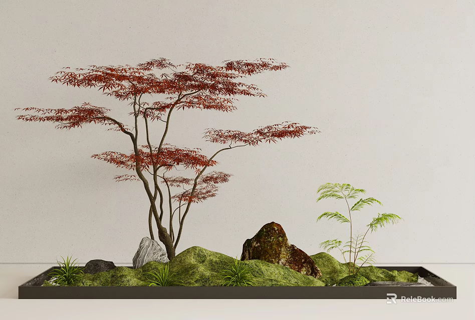 Delicate Miniature Garden Arrangement With Red Leaf Tree Rocks Green Moss And Small Plants 3d model 
