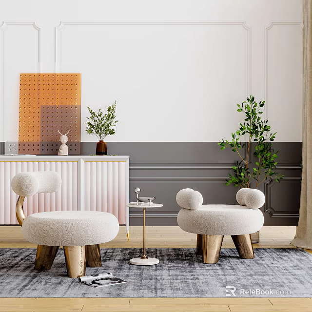 Casual Sofa Set with Plush White Round Backrest Small Side Table and Green Plants 3d model