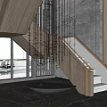 Modern Decorative Pendant Ornaments In Staircase Area With Wooden Structure And Glass Wall Design