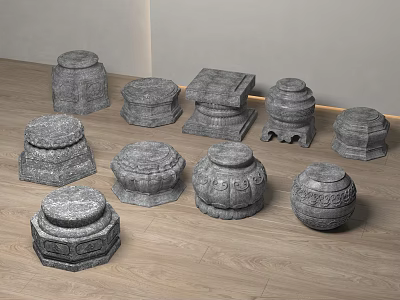 Stone Column Bases With Intricate Carvings And Various Shapes On Wooden Floor 3d model