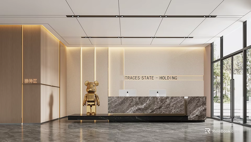 Modern Reception Desk With Marble Countertop In Corporate Lobby And Golden Bear Sculpture 3d model 