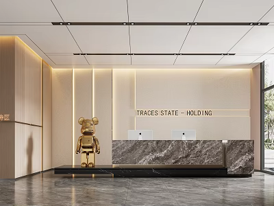Modern Reception Desk With Marble Countertop In Corporate Lobby And Golden Bear Sculpture 3d model