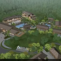 Aerial View of Resort Buildings With Sloped Roofs Lush Green Trees Pool And Parking Area
