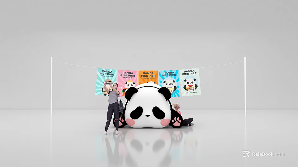 Giant Panda Plush Photo Spot With People Taking Photos And Colorful Banners 3d model 
