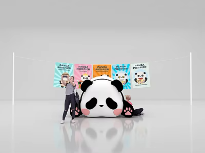 Giant Panda Plush Photo Spot With People Taking Photos And Colorful Banners 3d model