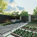Black Metal Entrance Gate With White Pillars Slatted Fence Green Plants And Paved Courtyard