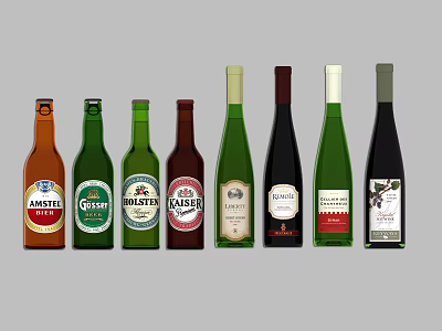 Various Wine And Beer Bottles With Labels Displayed On Grey Background 3d model