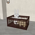 Brown Woven Storage Basket with White Rabbit Doll on Gray Floor in Indoor Space