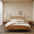 Wooden Double Bed With Bedside Tables Table Lamp Vase And Framed Picture On Beige Wall